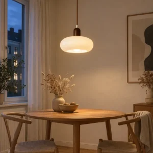 Pendelleuchte aus Glas und Holz im nordischen Stil für Esstisch und Schlafzimmer – Ø 14, 20 oder 28 cm, LED, Milchweiß oder Beige