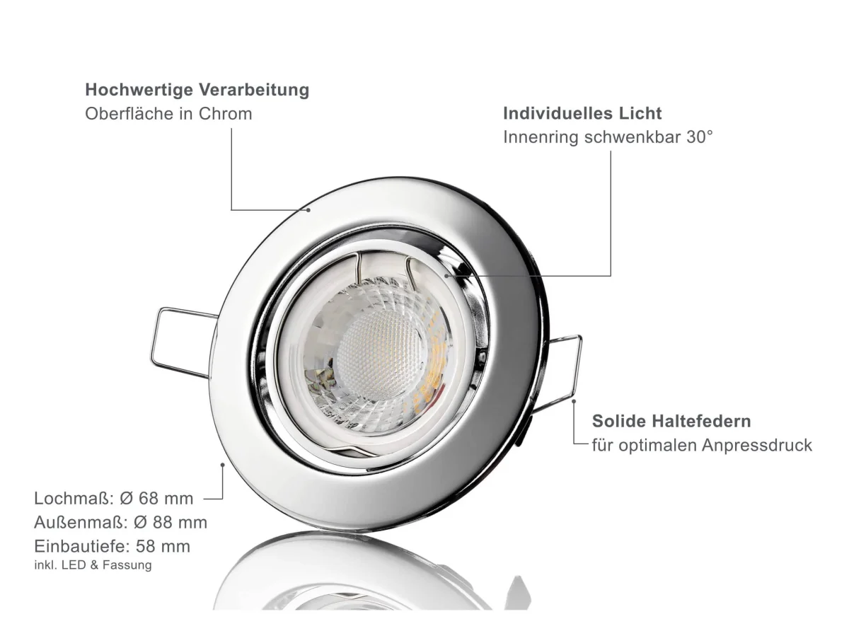 LED Einbaustrahler 230V - Chrom Rund 5W GU10 LED - Classico – Bild 3