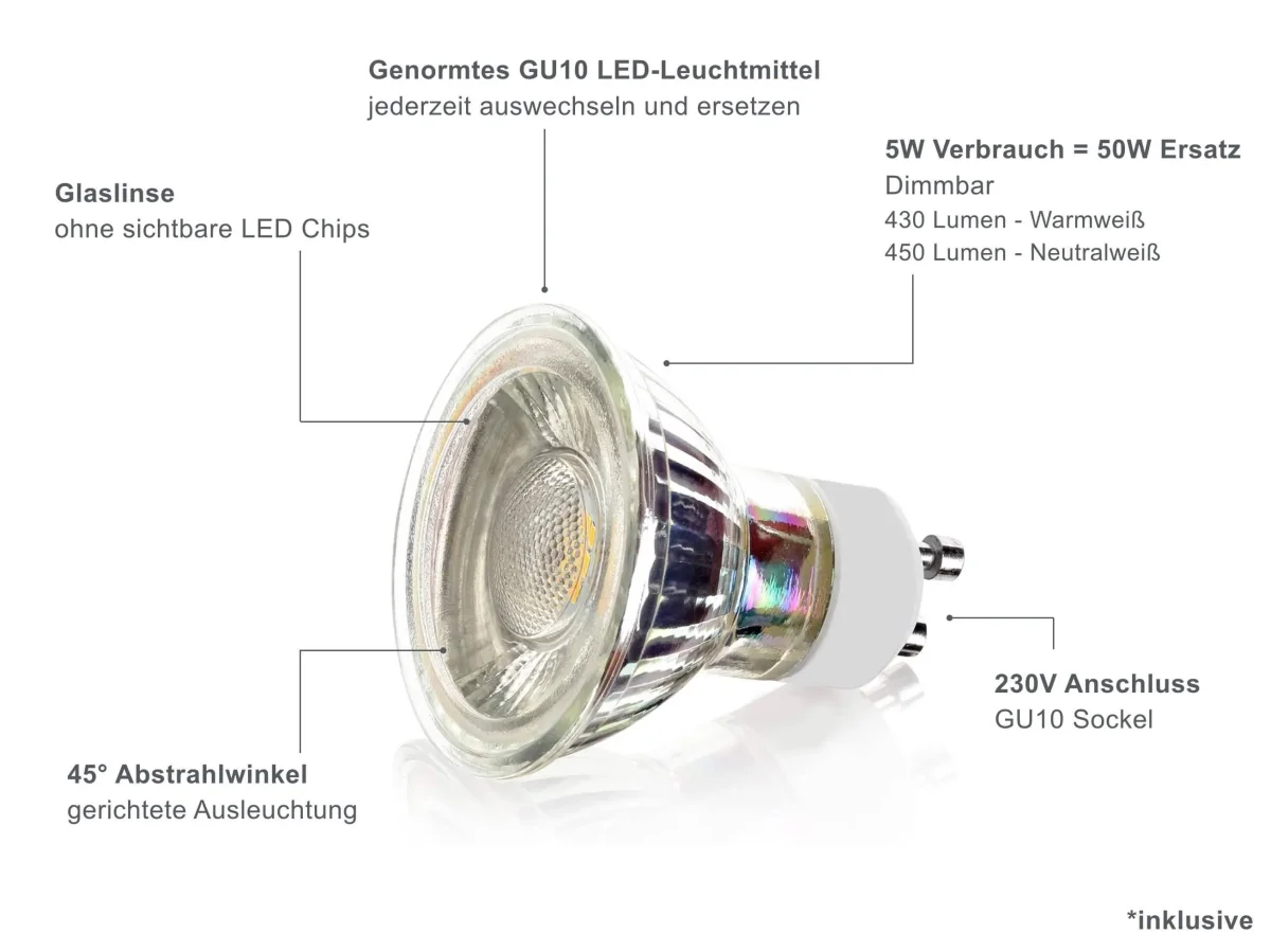 LED Einbaustrahler Dimmbar - Alu gebürstet Schwarz Eckig 5W GU10 LED - Designo – Bild 4