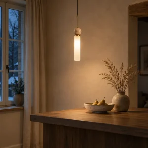 Tischleuchte aus Travertin im Wabi-Sabi-Stil für Schlafzimmer und Nachttisch – Creme, einflammig, warmweißes Licht, nordisches Design