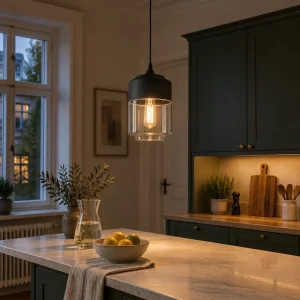 Schwarze Glas-Pendelleuchte mit Holz im modernen Stil für das Schlafzimmer – 12, 18, 20 oder 25 cm, LED warmweiß, auch in Bernstein oder Holzton