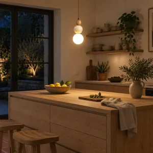 Travertin-Pendelleuchte aus Naturstein und Holz für Kücheninsel, Esstisch und Schlafzimmer – Hängeleuchte zur Deckenmontage, drei Lichtfarben