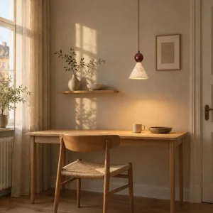 Travertin-Pendelleuchte mit Holzakzent im Japandi-Stil für das Arbeitszimmer – E27-Fassung, Schwarz, Lichtfarbe warmweiß