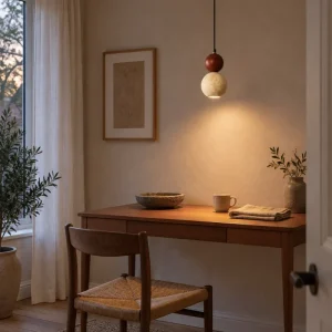 Pendelleuchte aus gelbem Travertin und Holz in hängender Bauform für das Schlafzimmer – Naturstein, Schwarz, warmweißes Licht, Creme-Optik