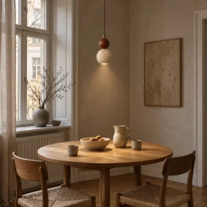 Kugelförmige Pendelleuchte aus Travertin und Holz im japanischen Wabi-Sabi-Stil für den Esstisch – Ausführung in Schwarz, warmweißes Licht