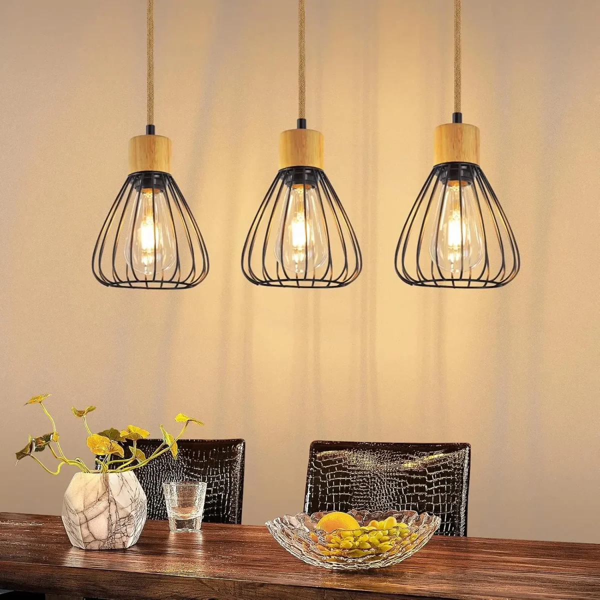 Vintage-Pendelleuchte mit Hanfseil und Holz für Esszimmer und Flur – Metall in Schwarz, E27-Fassung, Industrial-Stil