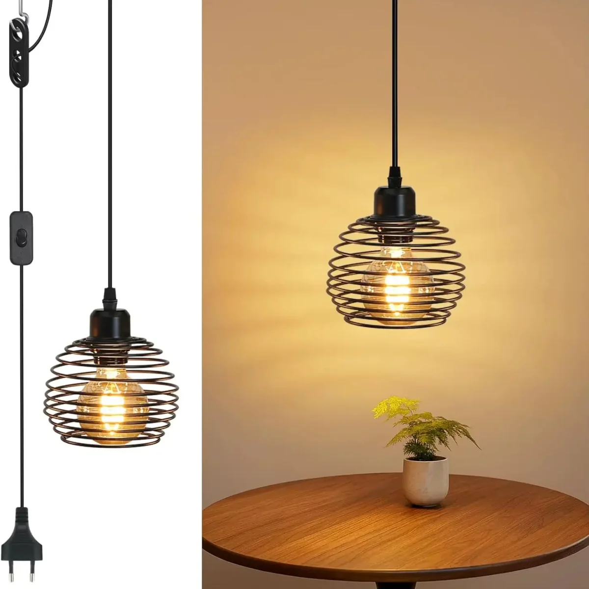 Industrial-Pendelleuchte in Schwarz mit Stecker und Schalter für Schlafzimmer und Küche – E27-Fassung – Bild 6