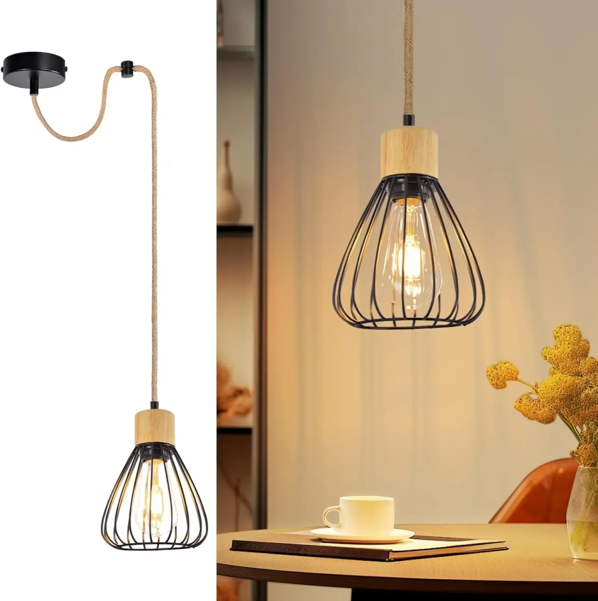 Vintage-Pendelleuchte mit Hanfseil und Holz für Esszimmer und Flur – Metall in Schwarz, E27-Fassung, Industrial-Stil – Bild 7