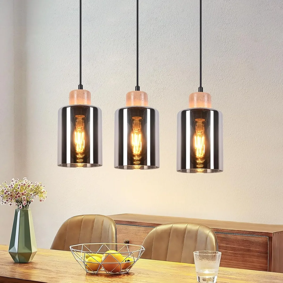 Vintage-Pendelleuchte mit Rauchglas und Holz für Esszimmer und Wohnzimmer – E27-Fassung, Industrial-Stil, ohne Leuchtmittel – Bild 7