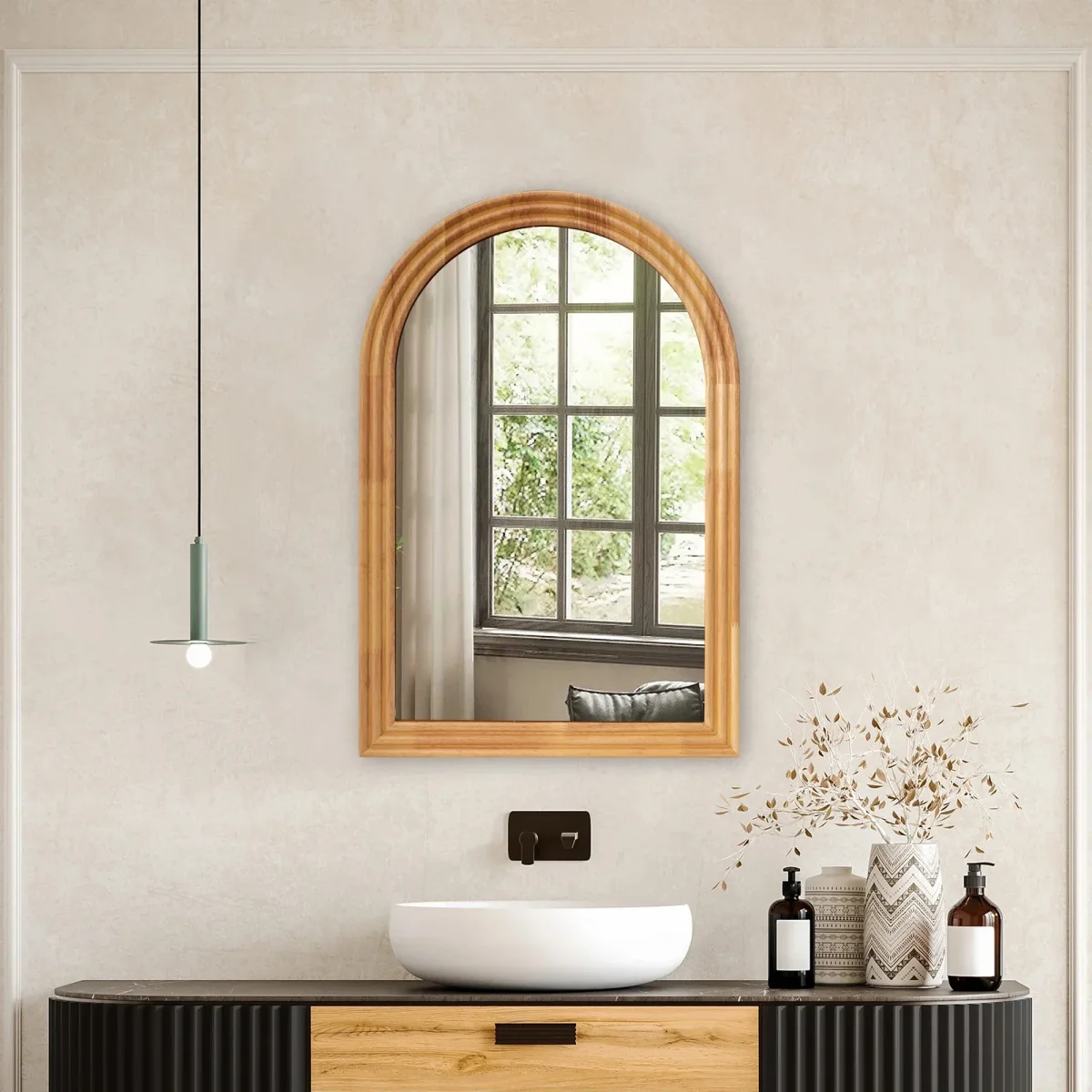 Bogenspiegel aus Massivholz 50 × 80 cm zur Wandmontage für Bad, Flur und Schlafzimmer – gewölbte Form, bruchsicheres Glas – Bild 2
