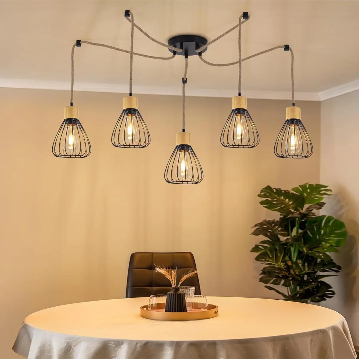 Vintage-Pendelleuchte mit Hanfseil und Holz für Esszimmer und Flur – Metall in Schwarz, E27-Fassung, Industrial-Stil – Bild 5