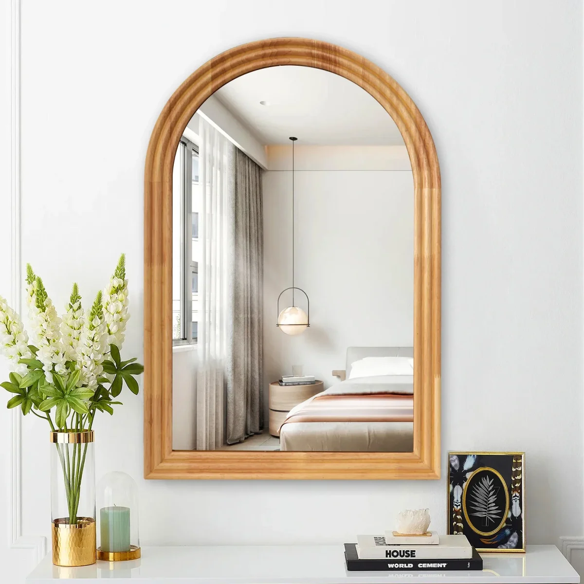 Bogenspiegel aus Massivholz 50 × 80 cm zur Wandmontage für Bad, Flur und Schlafzimmer – gewölbte Form, bruchsicheres Glas – Bild 3
