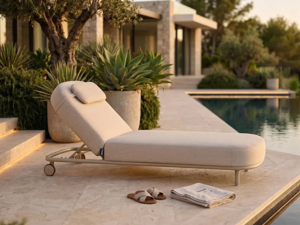 Flow Amori Sonnenliege Tuscan Sand mit beigem Kissenbezug