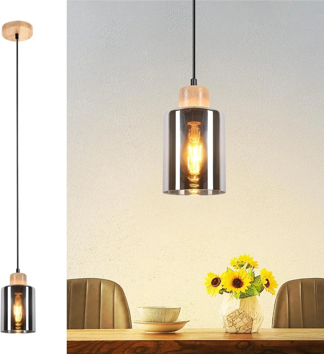 Vintage-Pendelleuchte mit Rauchglas und Holz für Esszimmer und Wohnzimmer – E27-Fassung, Industrial-Stil, ohne Leuchtmittel – Bild 8