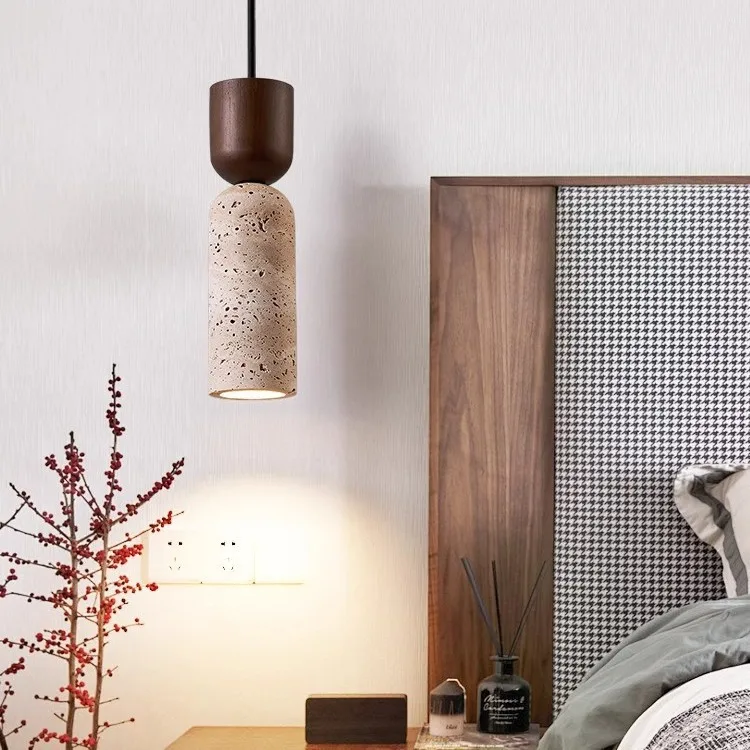 Travertin-Pendelleuchte aus Naturstein im japanischen Wabi-Sabi-Stil für den Esstisch – Naturholz oder Walnuss, warmweißes Licht – Bild 4