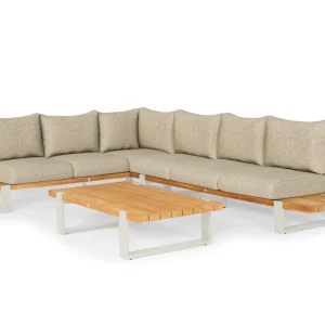 Suns Nardo Lounge-Set XL Camel Sand-Gestell mit Pebble Desert Bouclé-Kissen und Teakholzplatten