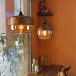 Glas-Pendelleuchte in Holzton und Bernstein im nordischen Stil für das Schlafzimmer – 12, 18, 20 oder 25 cm, LED, ohne Leuchtmittel