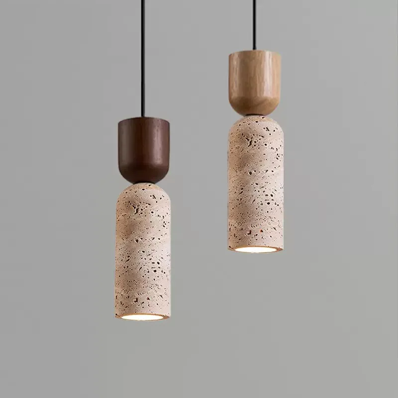 Travertin-Pendelleuchte aus Naturstein im japanischen Wabi-Sabi-Stil für den Esstisch – Naturholz oder Walnuss, warmweißes Licht – Bild 6