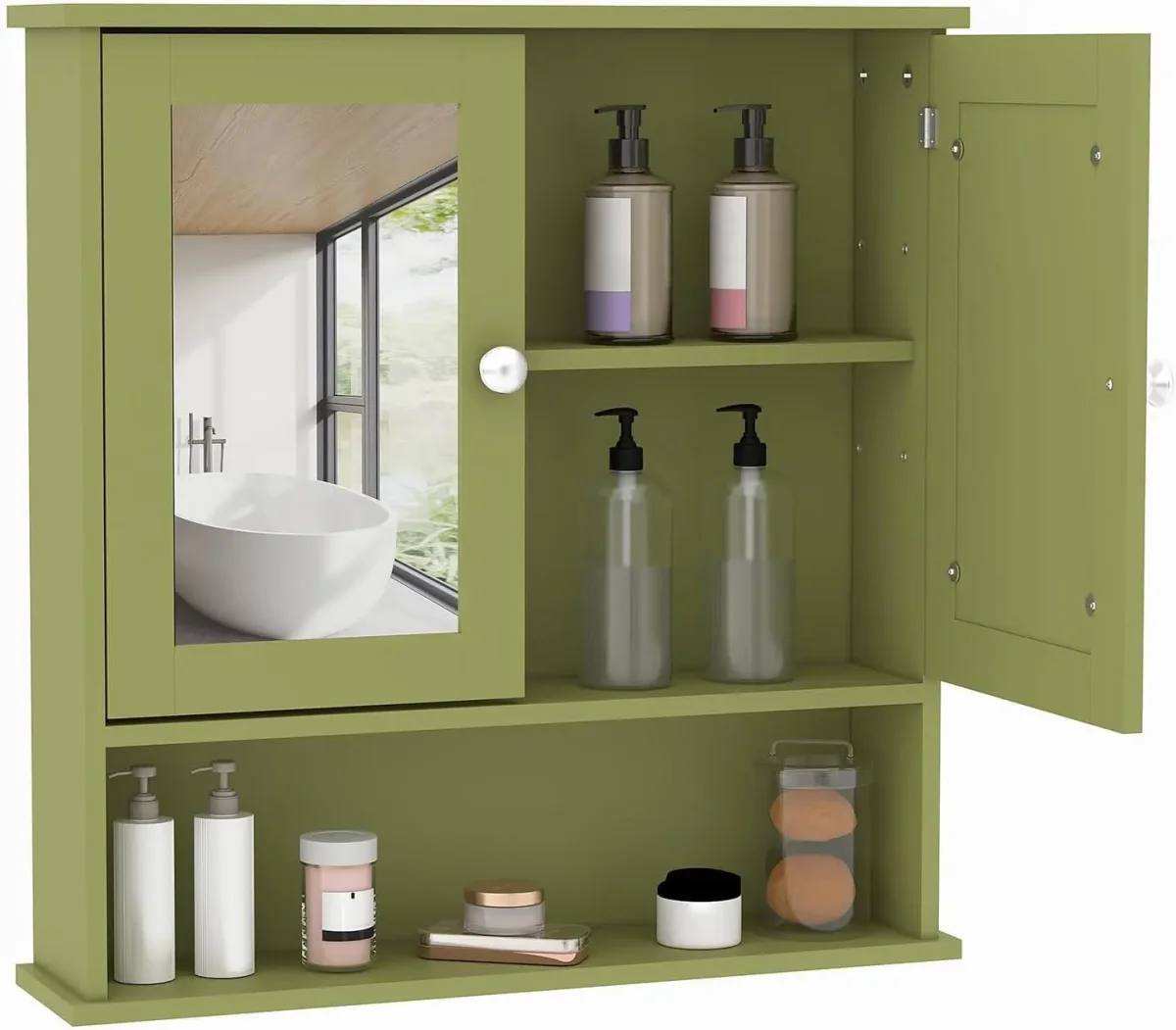 Spiegelschrank fürs Bad mit Tür und Ablagefach, 68,5 × 34 × 12,5 cm – Wandmontage, Olivgrün, auch für Gäste-WC – Bild 3