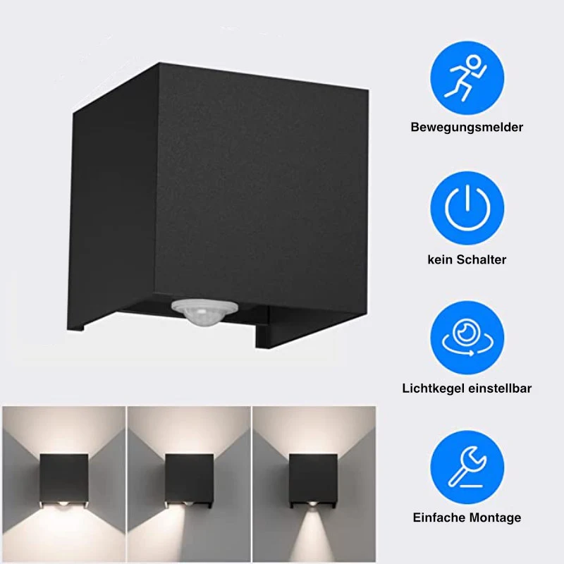 Klighten 12 Watt LED Außenlampe mit Bewegungsmelder aus Aluminium in Schwarz, IP65 zertifiziert, einstellbarer Lichtkegel, warmweiß – Bild 3