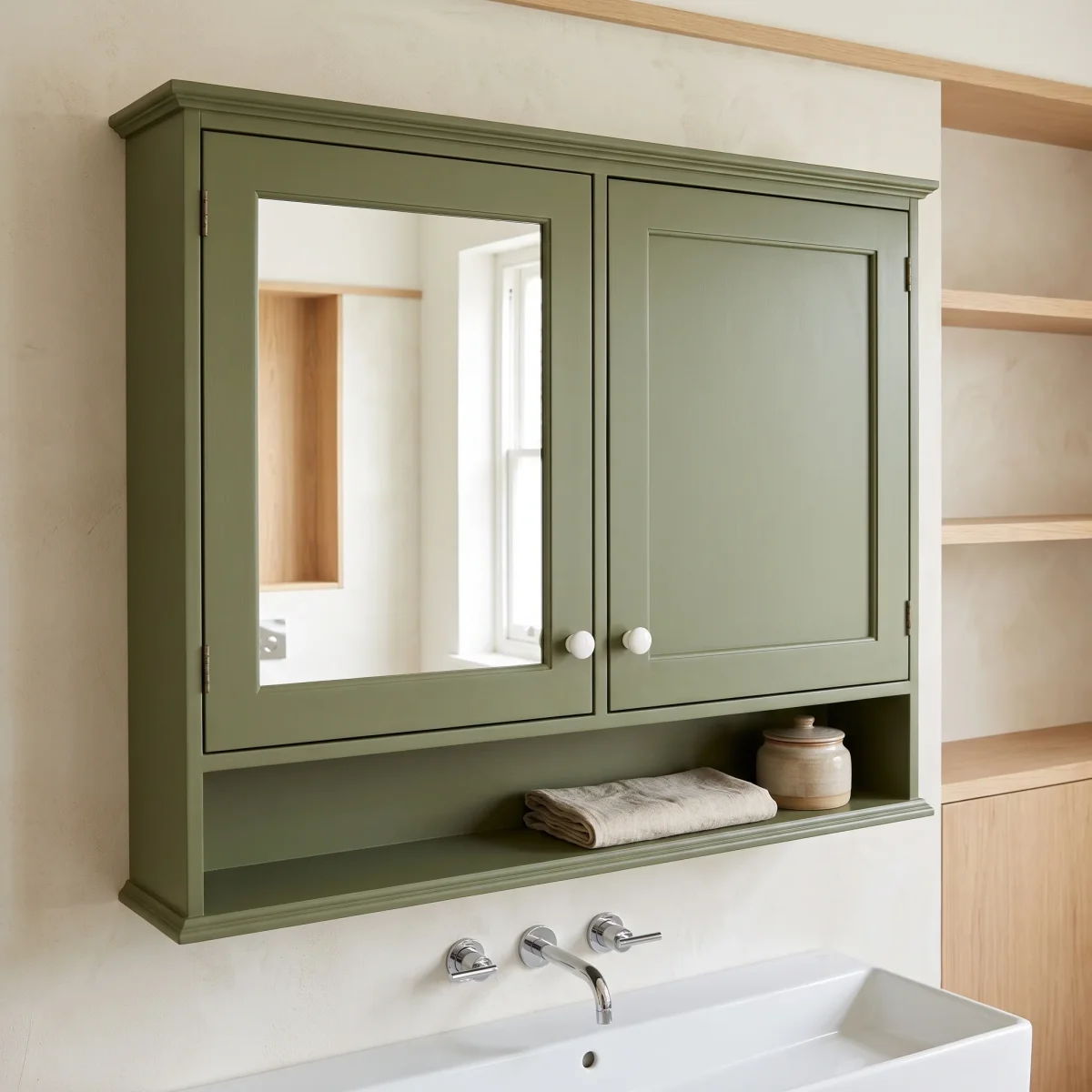 Spiegelschrank fürs Bad mit Tür und Ablagefach, 68,5 × 34 × 12,5 cm – Wandmontage, Olivgrün, auch für Gäste-WC – Bild 2