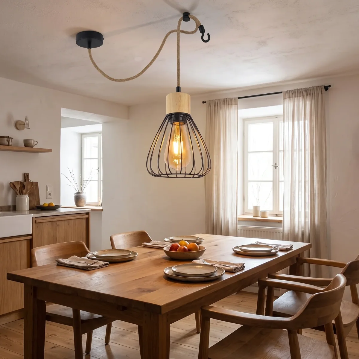 Vintage-Pendelleuchte mit Hanfseil und Holz für Esszimmer und Flur – Metall in Schwarz, E27-Fassung, Industrial-Stil – Bild 4