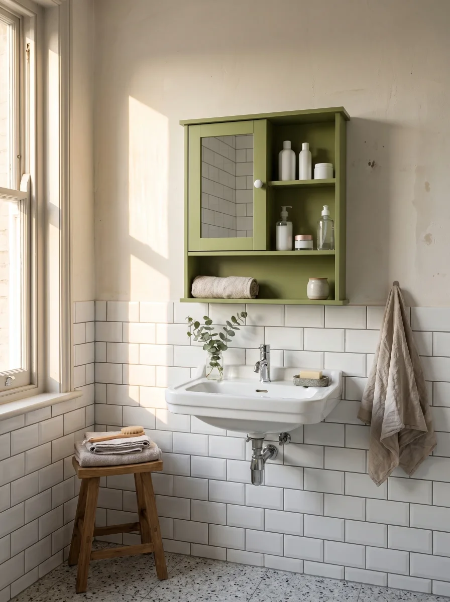 Spiegelschrank fürs Bad mit Tür und Ablagefach, 68,5 × 34 × 12,5 cm – Wandmontage, Olivgrün, auch für Gäste-WC – Bild 5