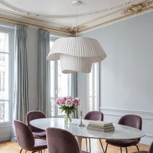 Pendelleuchte mit plissiertem Stoffschirm für Esstisch, Schlafzimmer und Büro – E27, Ø 50, 60 oder 80 cm, Beige oder Weiß