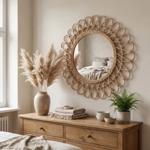Handgefertigter Rattan-Wandspiegel Ø 40 cm im Boho-Stil für Schlafzimmer, Wohnzimmer und Bad – Spiegelfläche Ø 20 cm, Holzfarbe