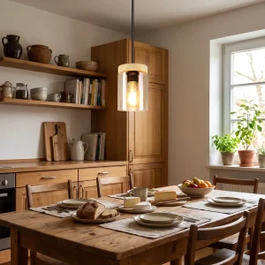 Vintage-Pendelleuchte mit Glasschirm und Holz-Lampenschirm für Esstisch und Küche – Metall in Schwarz, E27-Fassung