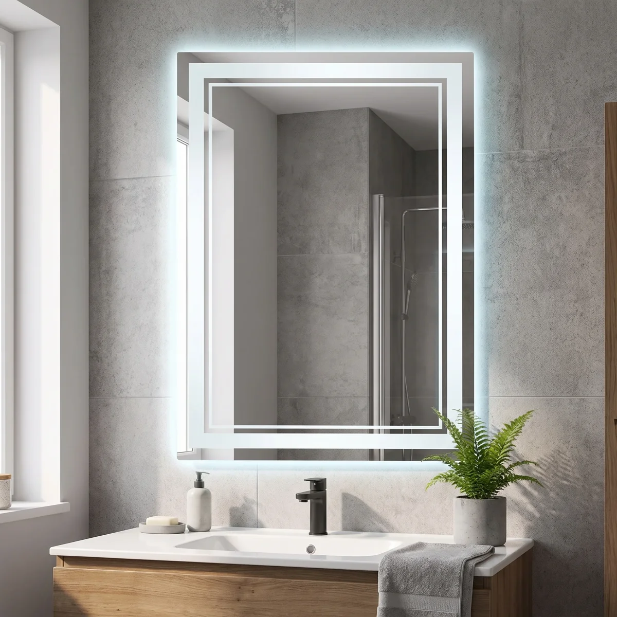 LED-Badspiegel 70 × 50 cm – Wandspiegel fürs Badezimmer – dimmbar mit Touch-Schalter, 3 Lichtfarben, Memory-Funktion, IPX4