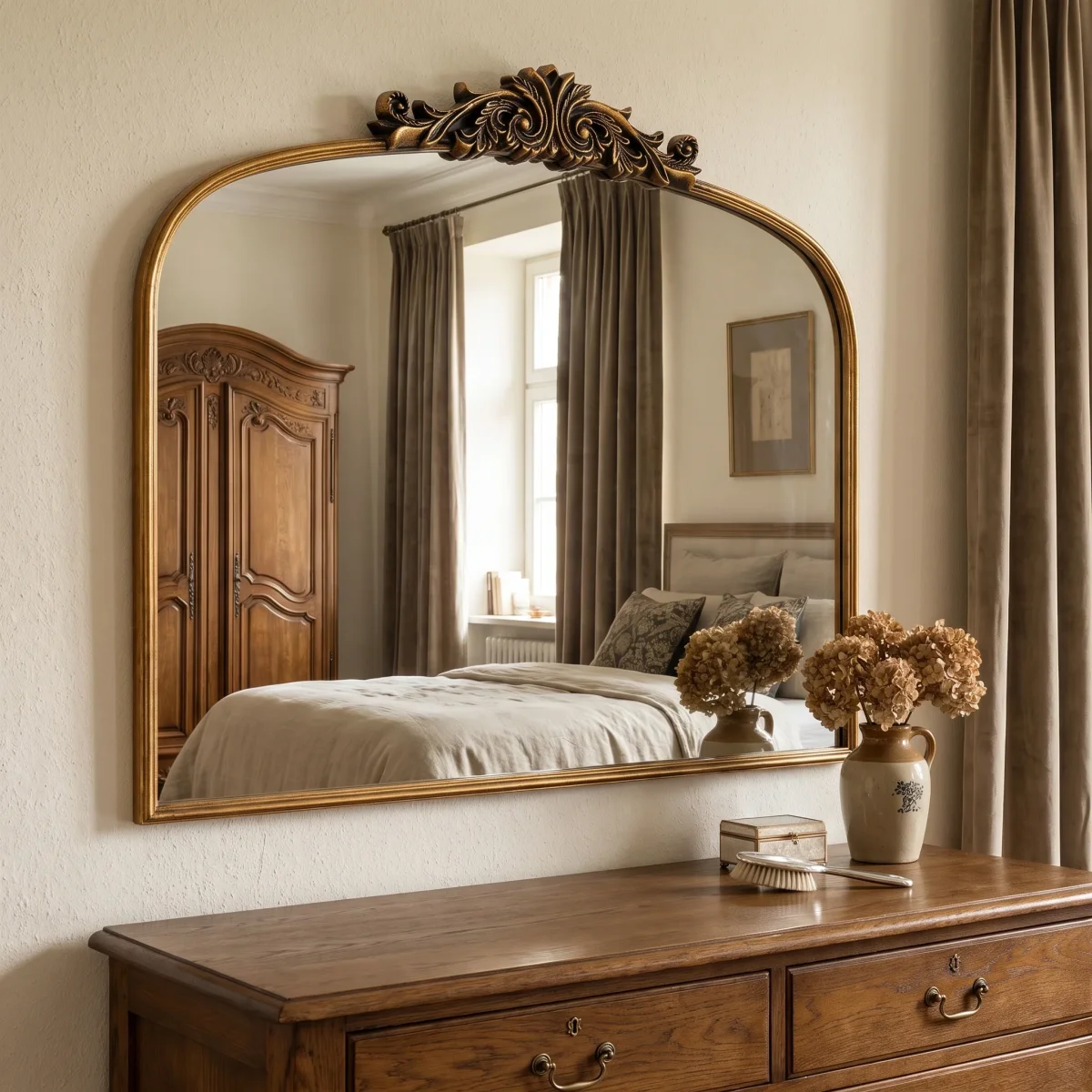 Bogen-Wandspiegel im Antik-Stil – Vintage-Metallrelief in Gold – für Bad und Schlafzimmer – 3 Stilvarianten – Bild 5
