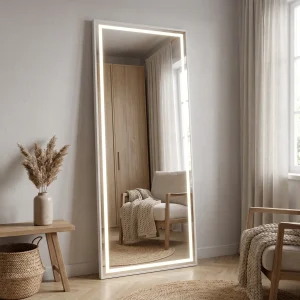 LED-Ganzkörperspiegel 160 × 50 cm – dimmbar mit Touch-Schalter – 3 Lichtfarben – Sicherheitsglas – Weiß