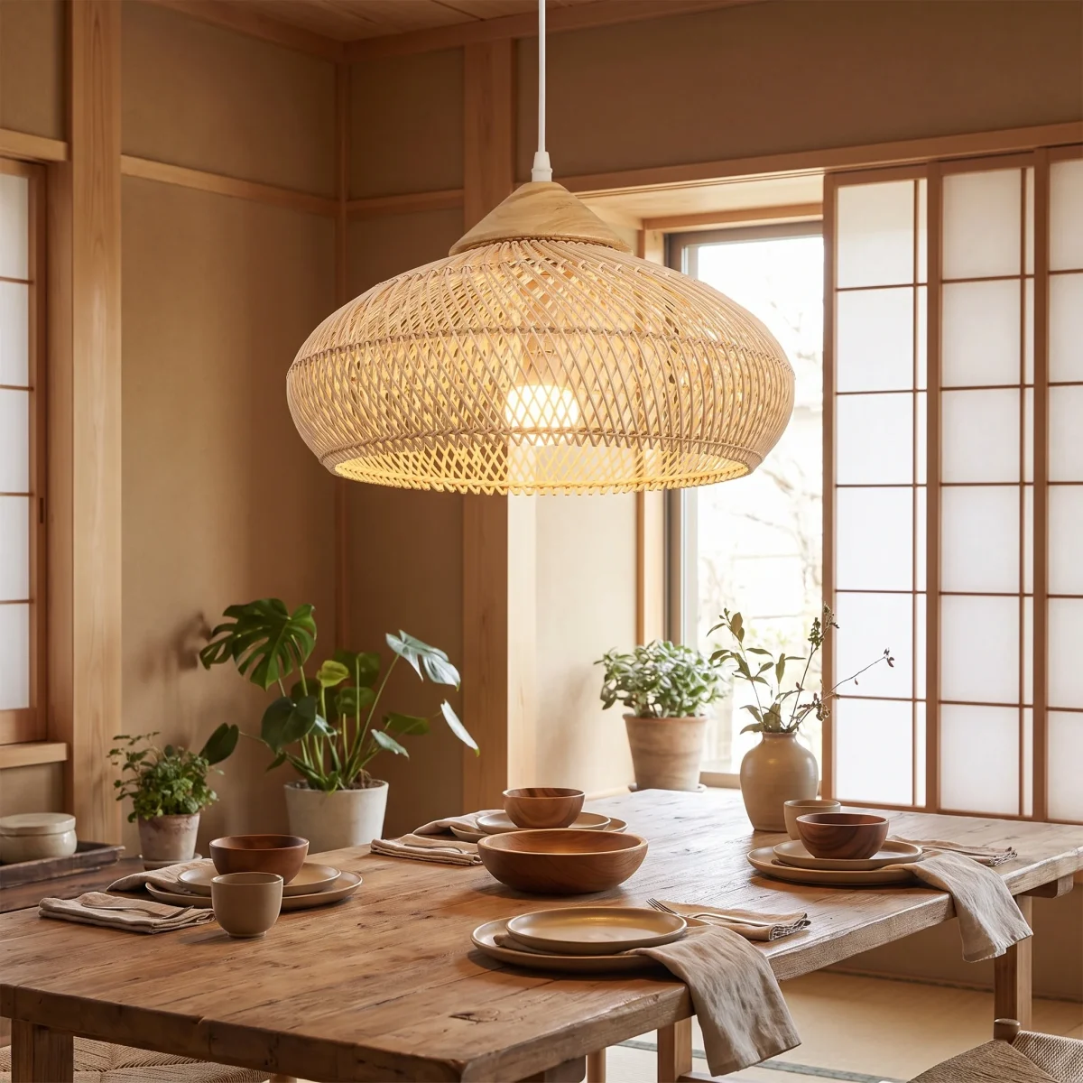 Handgeflochtene Rattan-Pendelleuchte im Japan-Stil für Esstisch und Schlafzimmer – 40 × 19 oder 60 × 30 cm, E27-Fassung – Bild 2