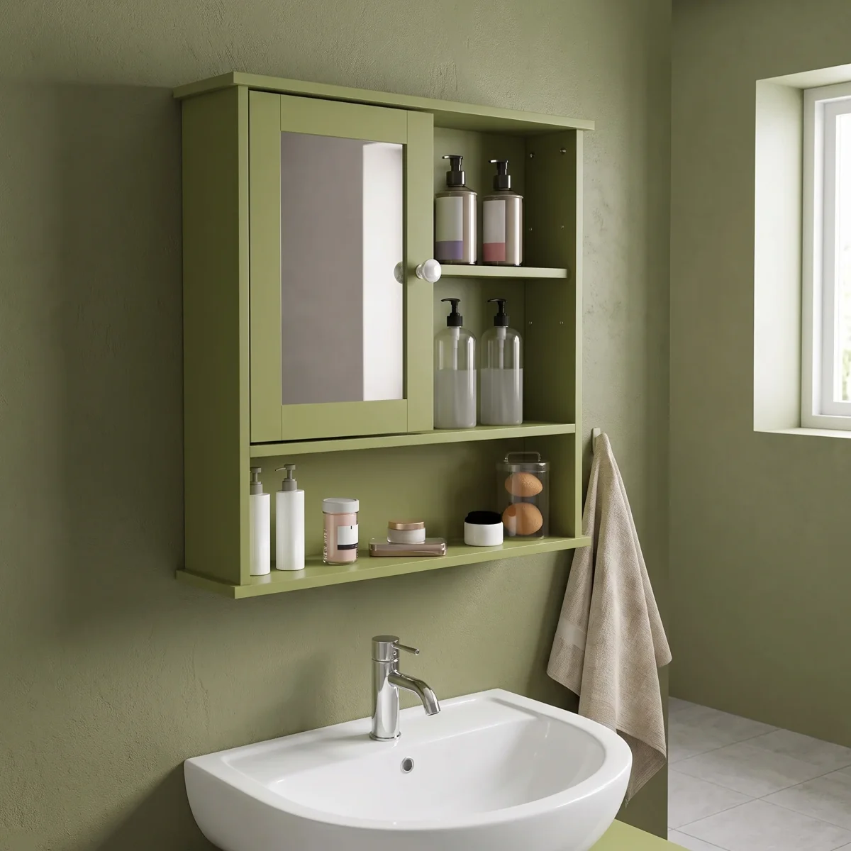 Spiegelschrank fürs Bad mit Tür und Ablagefach, 68,5 × 34 × 12,5 cm – Wandmontage, Olivgrün, auch für Gäste-WC – Bild 4