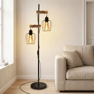 Stehlampe im Industrial-Design – Holz und Metall in Schwarz – wahlweise 1-, 2- oder 3-flammig mit E27-Fassung – 151 cm