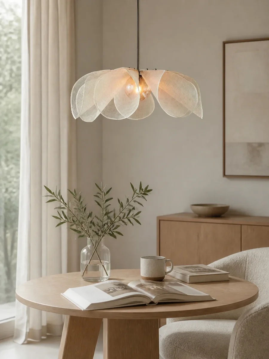 Pendelleuchte mit überlappenden Stoffblättern für Leseecke, Wohnzimmer und Esstisch – E27, Ø 50 oder 60 cm, 3 Lichtfarben – Bild 8