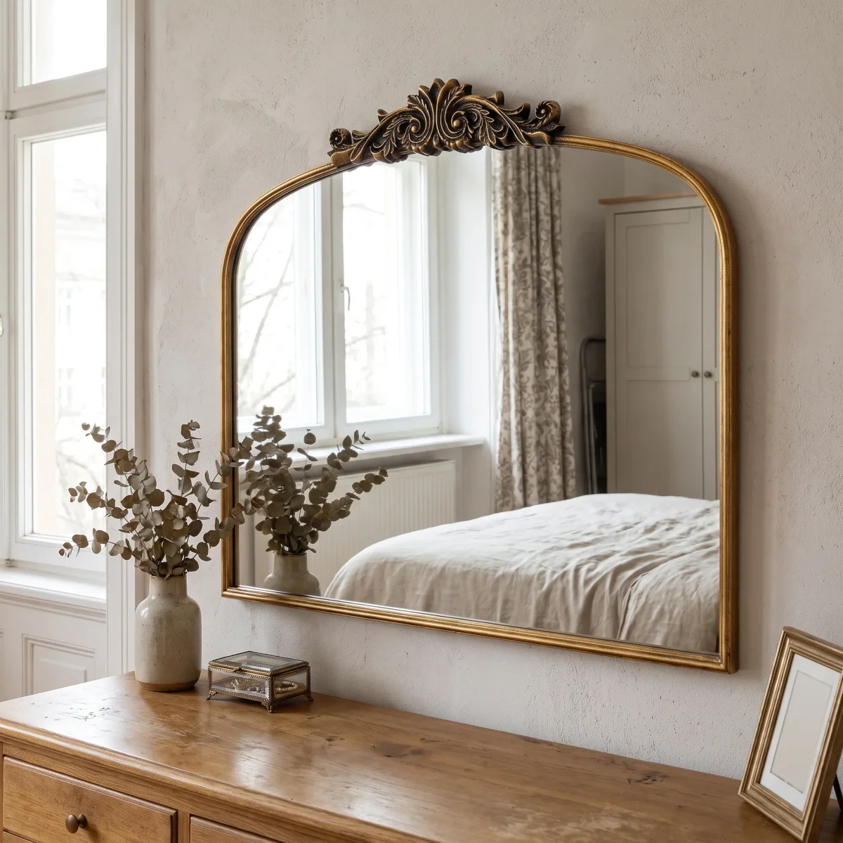 Bogen-Wandspiegel im Antik-Stil – Vintage-Metallrelief in Gold – für Bad und Schlafzimmer – 3 Stilvarianten – Bild 2