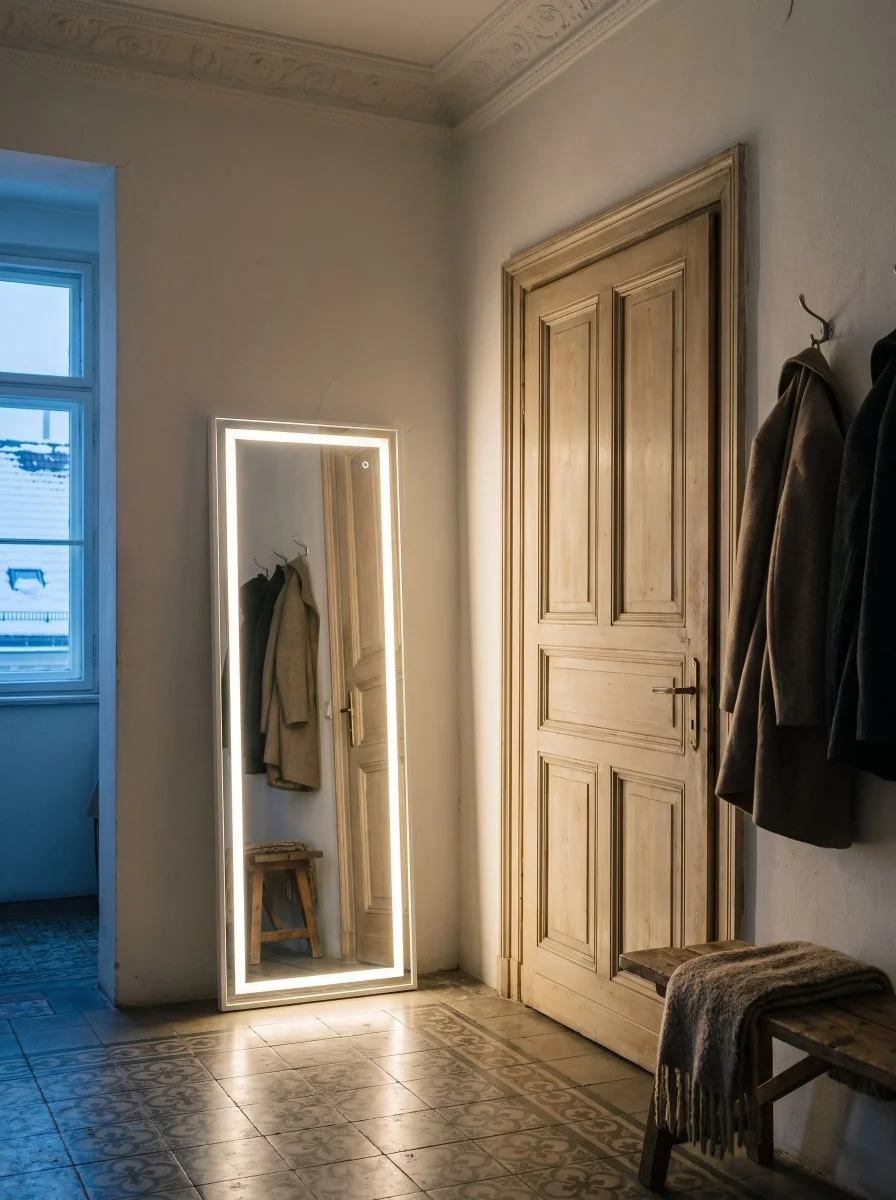 LED-Ganzkörperspiegel 160 × 50 cm – dimmbar mit Touch-Schalter – 3 Lichtfarben – Sicherheitsglas – Weiß – Bild 3