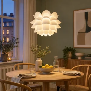 Lotus-Pendelleuchte aus Kunststoff im nordischen Stil für Schlafzimmer, Esszimmer und Wohnzimmer – Ø 36 cm, E27, Weiß