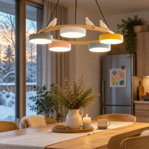 Ring-Pendelleuchte mit Vogelfiguren im nordischen Stil für Wohnzimmer und Esszimmer – Ø 65 oder 72 cm, LED, bunt, Weiß, Blau oder Grau