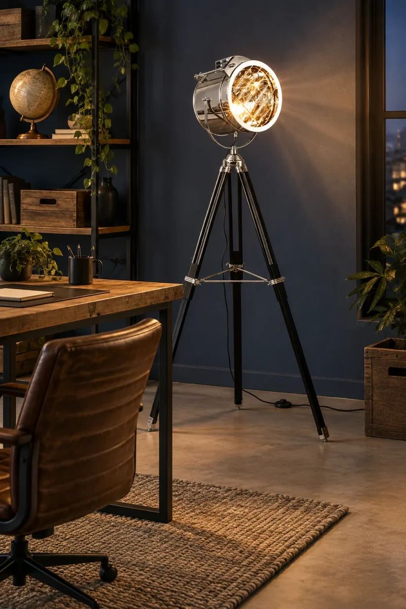 Suchscheinwerfer-Stehleuchte auf schwarzem Stativ im Industrial-Stil für Wohnzimmer und Loft – Stativ 80–135 cm hoch, E27, Silber oder Gold