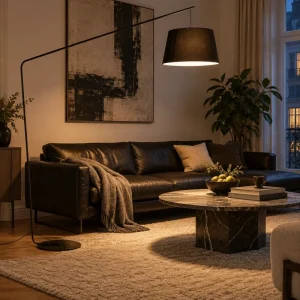 Angel-Stehleuchte mit Stoffschirm im dänischen Stil für Wohnzimmer, Esszimmer und Leseecke – 182 cm, Ausladung 153 cm, E27, Schwarz