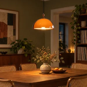 Retro-Pendelleuchte mit orangefarbenem Schirm und Holzdetail für Esstisch und Kücheninsel – Ø 35 cm, E27, mit Seil, Zugpendel oder Schwenkarm