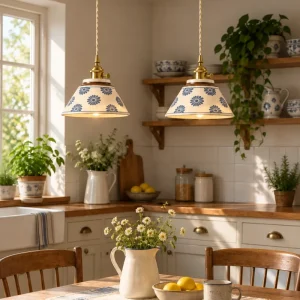 Keramik-Pendelleuchte mit blauem Handmalerei-Dekor im Vintage-Stil für Esszimmer und Küche – Ø 20 cm, E27, Messingfassung, Blumen oder Streifen