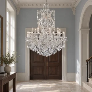 Kristall-Kronleuchter im Maria-Theresia-Stil für Foyer und Flur – B 94 × H 127 cm, Rahmen in Gold oder Chrom, E14-LED