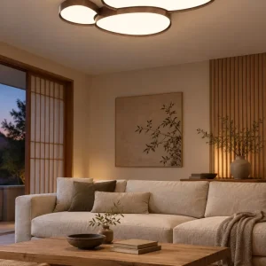 Große LED-Wohnzimmerlampe in Wolkenform mit drei Lichtflächen im Japandi-Stil – 90 × 65 cm, 50 oder 40 cm, Walnuss oder Natur, dimmbar