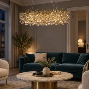 Länglicher Kristall-Kronleuchter in Zweigform mit goldenem Gestell für Wohnzimmer und Sofabereich – 100 cm, LED, Fernbedienung, Glamour-Stil