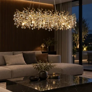 Luxus-Hängeleuchte mit Kristallblättern und goldenen Zweigen für offene Wohnräume und Lounge – Balkenform 100 cm, LED, mit Fernbedienung