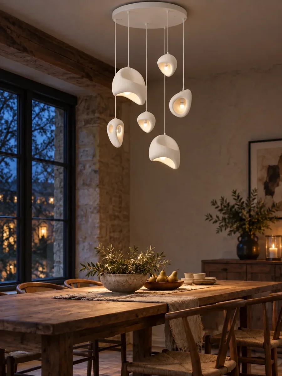 Pendelleuchte aus Kunstharz im Wabi-Sabi-Stil für Wohnzimmer und Esszimmer – einzeln Ø 28 oder Ø 25 cm, 6-flammiges Set Ø 70 cm, E27, Reinweiß – Bild 3